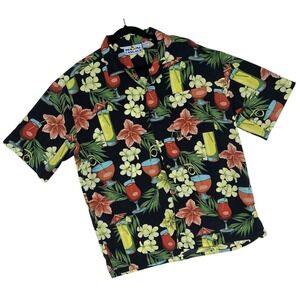 Sun Casuals Short Sleeve Mens L Shirt Black Red Floral Tropical Drinks Polyester
